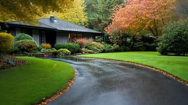Home exterior with green lawn and winding driveway lush residential landscape architecture
