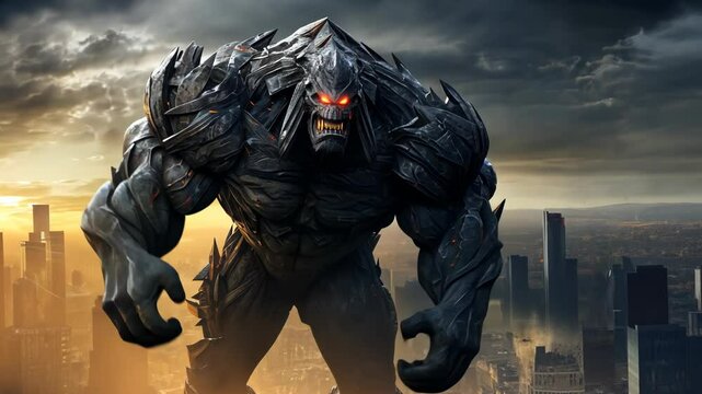 Giant monster over the destroyed city. Mythical giant kaiju attack