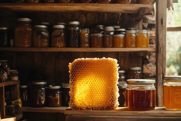 Close-up of natural honeycomb and glass jar with golden honey in rustic wooden shed. Sunlight highlights texture. Organic beekeeping. Warm tones. Traditional craftsmanship. Natural sweetness