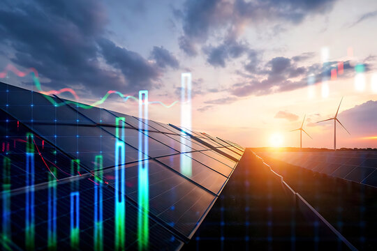 Solar Panels and Wind Turbines at Sunset with Stock Market Overlay Representing Green Energy Investment Growth