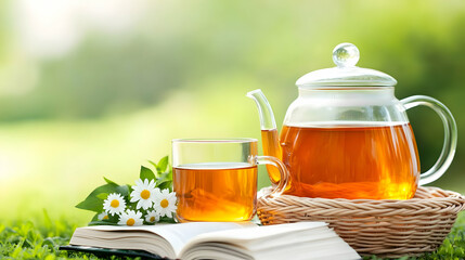 Chamomile flowers in basket, book, glass teapot and cup with herbal tea on table in garden, natural abstract green background. summer season. relax time. useful calming tea