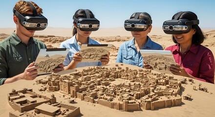 Archaeologists using augmented reality headsets to study a model of an ancient city. (AI Generated)