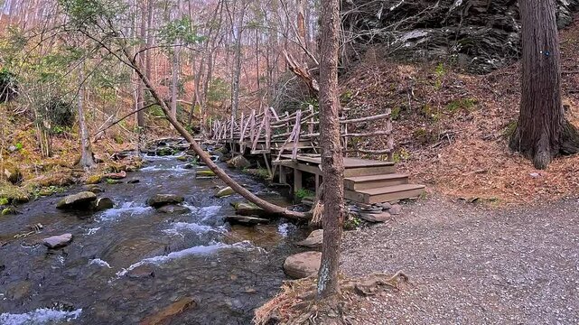 A wooden bridge spans a creek along one of the scenic trails in the Pocono region