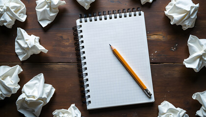 Notebook and pencil surrounded by crumpled paper, representing the creative process.