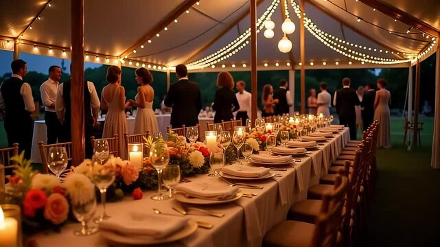 Wedding reception under tent with lights and floral arrangements table decor event design 99charact