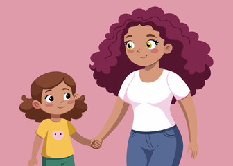 Happy Mother and Daughter Holding Hands Walking Together