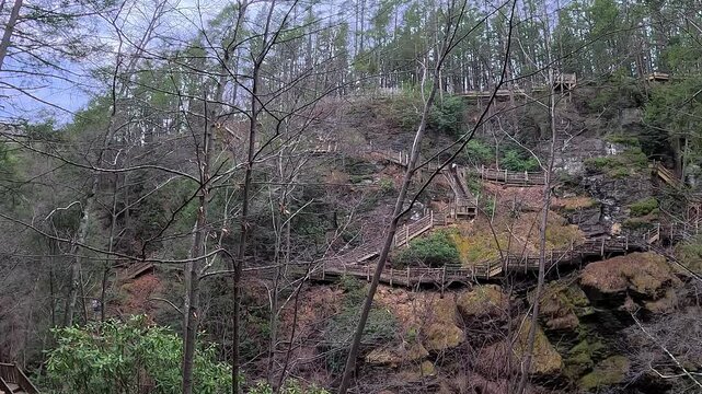A panoramic view of wooden trails and stairways leading to multiple waterfalls in the Pocono region