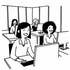 Happy multiethnic smiling business women working together in office