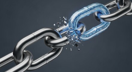 Blockchain technology concept with a digital link made of binary code in a metal chain. (AI Generated)
