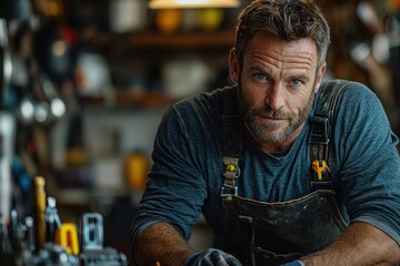 Close-up of confident rugged man in work overalls leaning on workbench. Charming smile. Natural light. Workshop background with tools. Hands-on attitude. Masculinity, skill, lifestyle. Craft. Banner
