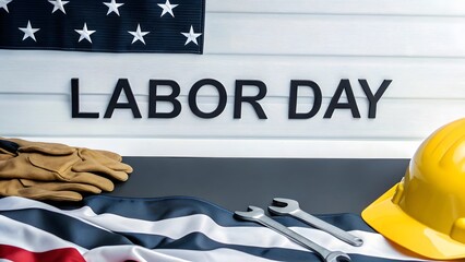 Happy Labor Day: American flag with work tools and a hard hat