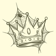 crown entangled in a spiderweb with a spider line sketch