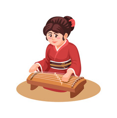 Japanese Girl Playing Koto Music Instrument Cartoon Illustration Vector