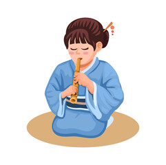 Japanese Girl Playing Shakuhachi Music Instrument Cartoon Illustration Vector