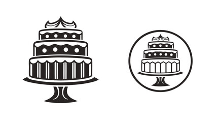 Elegant three tiered cake on a pedestal with a decorative top and a circular emblem