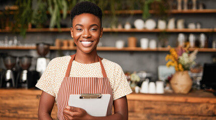 Smiling barista wearing a striped apron holds a clipboard inside a cozy coffee shop with warm wooden decor and plants.