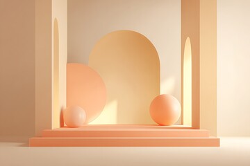 Fototapeta premium Minimalist orange podium with geometric shapes for product display in a modern studio