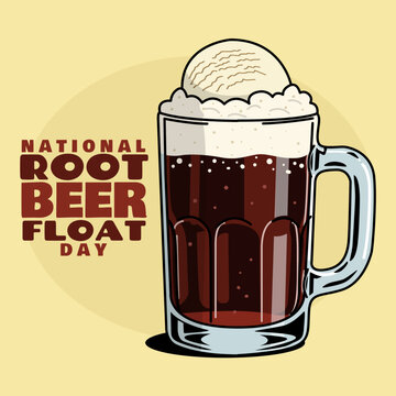 National Root Beer Float Day to celebrate on August 6th. A glass of root beer soda topped with vanilla ice cream on a bright yellow background. Drink even banner.