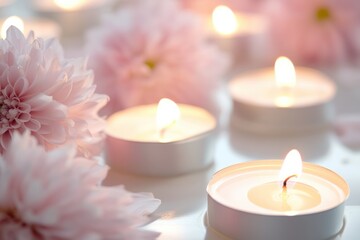 Close-up of soft glowing candles surrounded by delicate pastel flowers. Creamy white tones. Romantic and peaceful ambiance. Spa relaxation concept. Gentle bokeh background. Copy space. Banner