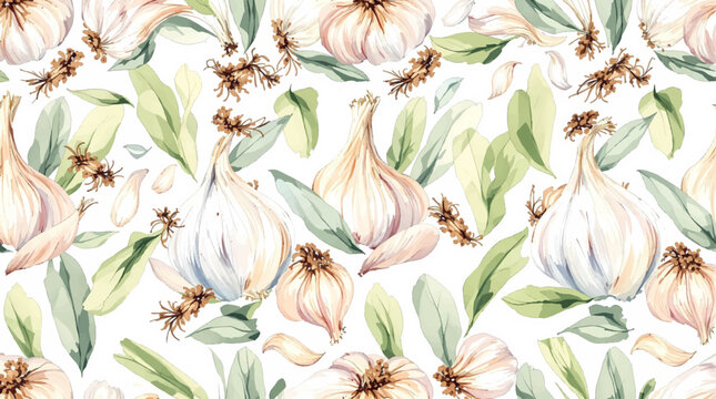 Watercolor background pattern garlic on white background
