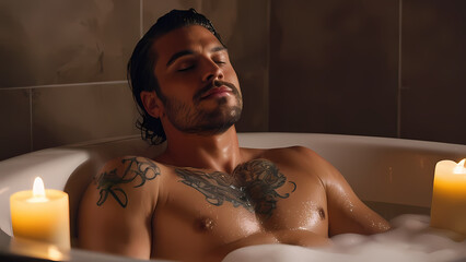 Relaxation in a serene bathroom with candles and soothing bath moments at night Generative AI