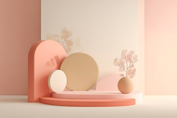 Fototapeta premium Elegant peach podium with geometric shapes, vase, and plant for product presentation display