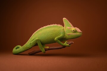 Fototapeta premium vibrant green chameleon perched on branch against warm brown background