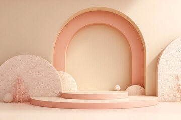 Fototapeta premium Elegant beige podium with geometric shapes, spheres, and plant for product presentation display