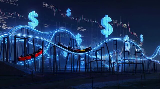 A glowing roller coaster track with stock charts and carts riding up and down past giant floating $ symbols, chaos of finance loop