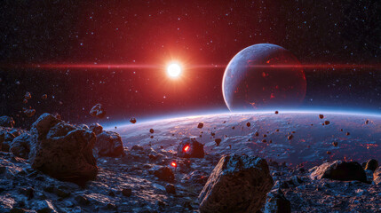 In an alien world illuminated by a faint reddish glow, a small rocky planet orbits a red dwarf star. Asteroid debris floats nearby, creating a captivating cosmic atmosphere rich in intrigue