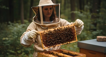 Beekeeper in protective gear inspecting a honeycomb frame covered in bees in a wooded area.