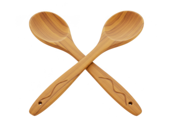 Two wooden spoons crossed together with natural grain pattern isolated on transparent background