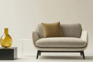 Modern beige sofa with dark cushion in minimalist setting. Amber vase and white table add stylish touch. Clean lines, soft fabric, cozy vibe. Neutral tones. Scandinavian design. Copy space.