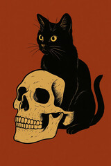 Black Cat Perched on Human Skull - Gothic, Mystical Illustration