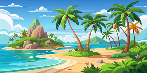 Obraz premium Tranquil Tropical Island Beach Scene with Lush Palm Trees and Clear Ocean