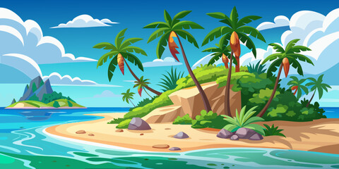 Obraz premium Tropical Island Paradise Beach Scene with Palm Trees and Ocean