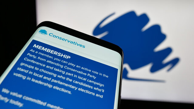 Stuttgart, Germany - 07-09-2025: Mobile phone with website of Conservative and Unionist Party (Tories) on screen in front of logo. Focus on top-left of phone display.