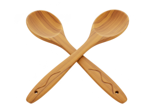 Two wooden spoons crossed together with natural grain pattern isolated on transparent background