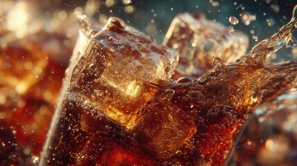 Coke bubbles and ice. Dynamic Splash. Refreshing Soft Drink with Ice Cubes. Cola bubbles.