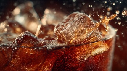 Coke bubbles and ice. Dynamic Splash. Refreshing Soft Drink with Ice Cubes. Cola bubbles.