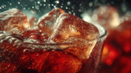 Coke bubbles and ice. Dynamic Splash. Refreshing Soft Drink with Ice Cubes. Cola bubbles.
