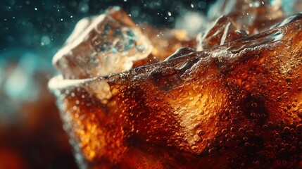 Coke bubbles and ice. Dynamic Splash. Refreshing Soft Drink with Ice Cubes. Cola bubbles.