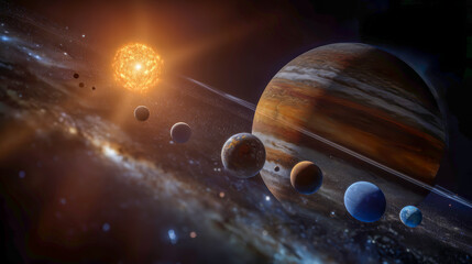 In a stunning display of celestial beauty, multiple colored planets orbit a bright central sun against a backdrop of deep space. This cosmic alignment captures the wonder of astronomy
