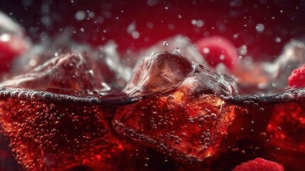Coke bubbles and ice. Dynamic Splash. Refreshing Soft Drink with Ice Cubes. Cola bubbles.