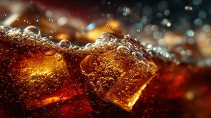Coke bubbles and ice. Dynamic Splash. Refreshing Soft Drink with Ice Cubes. Cola bubbles.