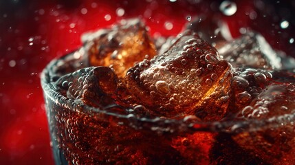 Coke bubbles and ice. Dynamic Splash. Refreshing Soft Drink with Ice Cubes. Cola bubbles.