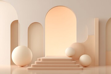 Obraz premium Elegant beige podium with arches and spheres creates a clean and modern presentation stage