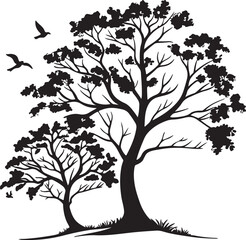 Obraz premium Beautiful silhouette of two trees with detailed leaves and flying birds in harmony. Symbol of nature, freedom, and peaceful landscape art. Perfect for eco, outdoor, and environment design themes.