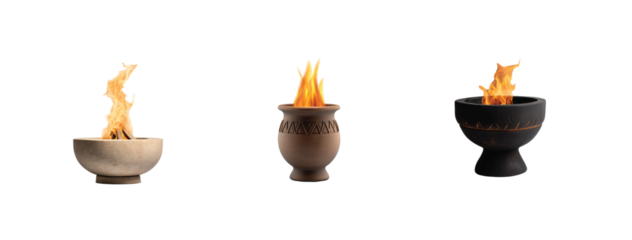 Three ceramic vessels with flickering flames in unique designs and shapes