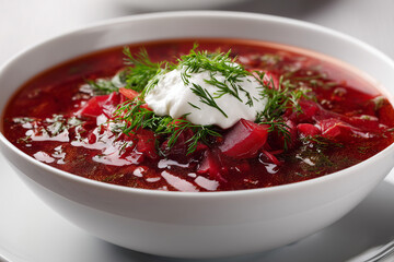 Classic Russian borscht with beetroot, sour cream and fresh dill in white bowl
